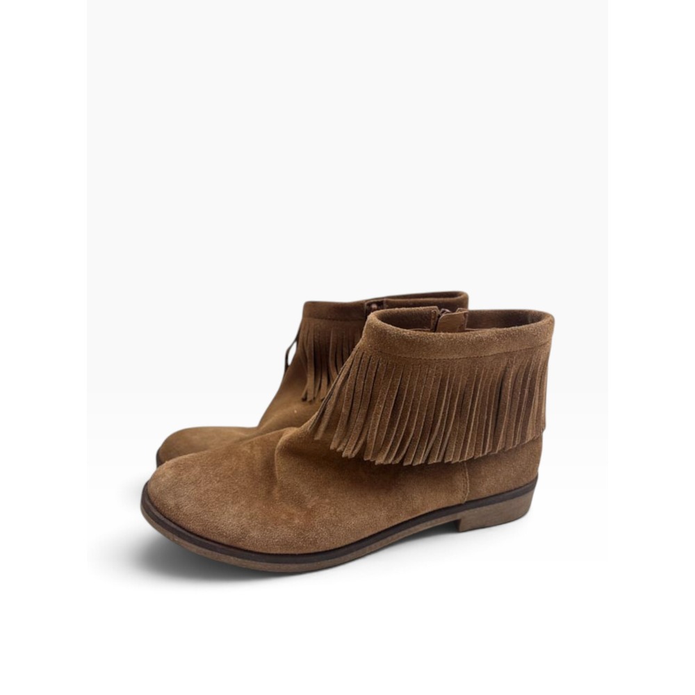 Lucky Brand Galley Brown Suede Fringe Ankle Boots Womens 8M Round Toe Flat Boot